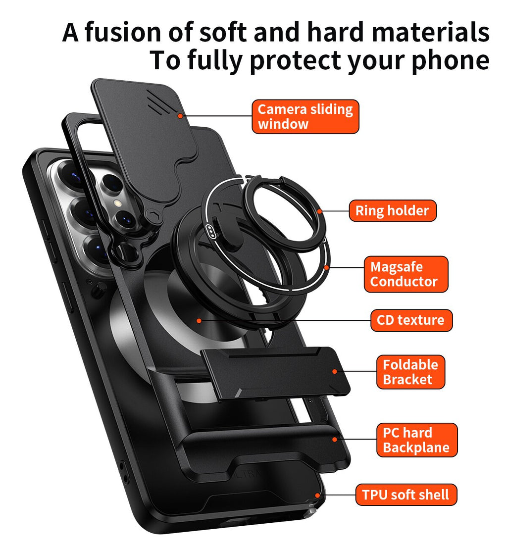 Samsung S26 Ultra Magnetic Kickstand Case with Camera Slide Cover ORANGE