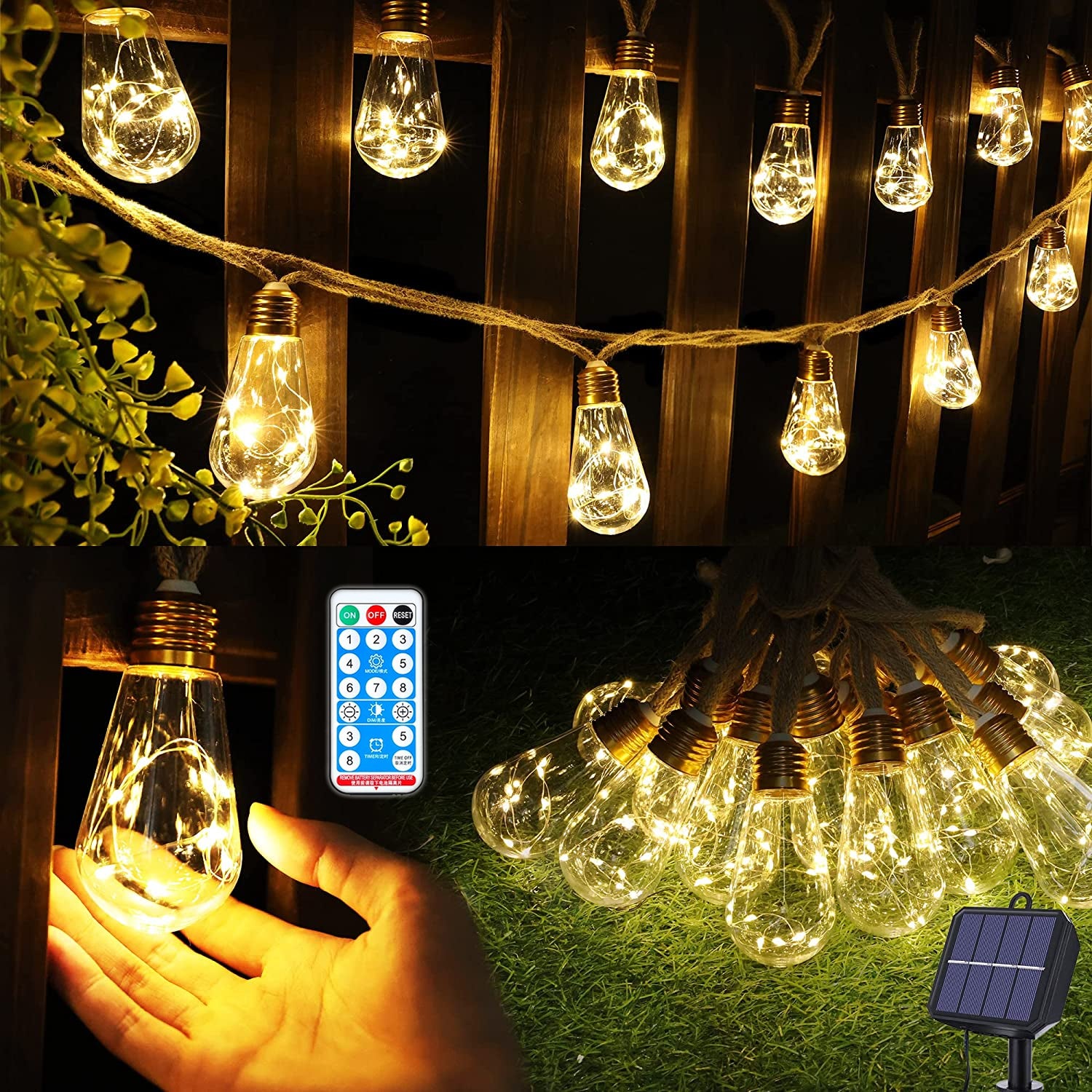 10M Solar String Lights Outdoor Vintage Rope Hemp Patio Bulb Lights for Christmas Garden Fence Balcony