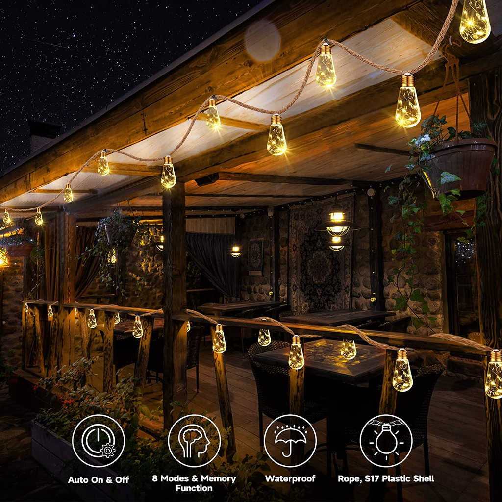 10M Solar String Lights Outdoor Vintage Rope Hemp Patio Bulb Lights for Christmas Garden Fence Balcony