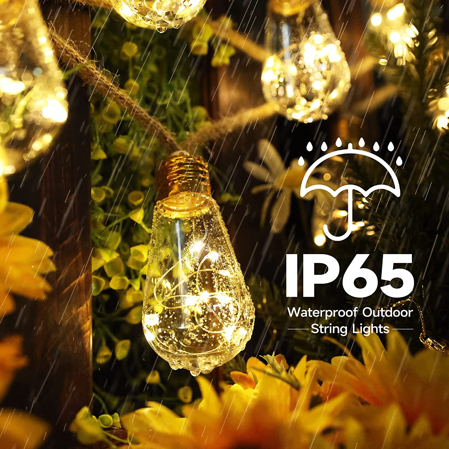 10M Solar String Lights Outdoor Vintage Rope Hemp Patio Bulb Lights for Christmas Garden Fence Balcony
