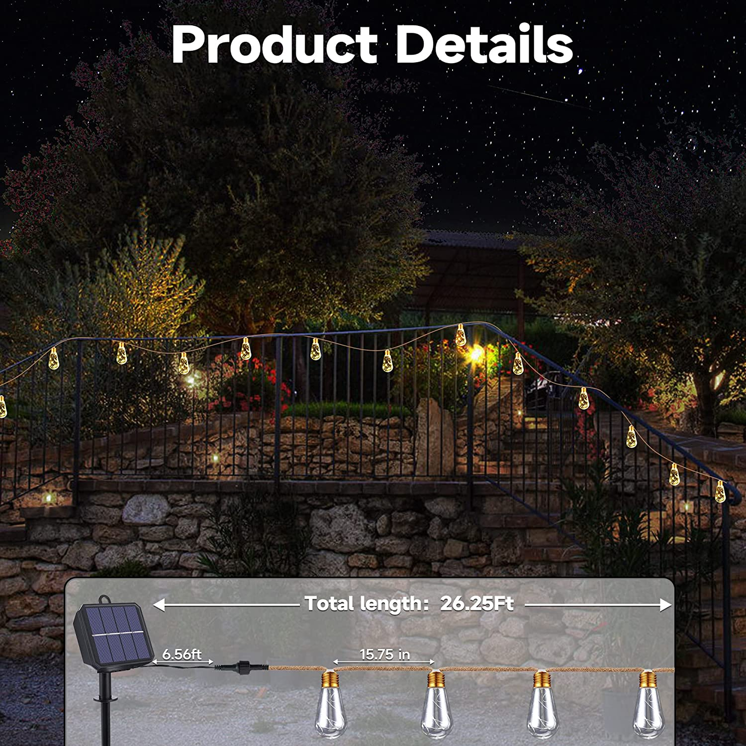 10M Solar String Lights Outdoor Vintage Rope Hemp Patio Bulb Lights for Christmas Garden Fence Balcony