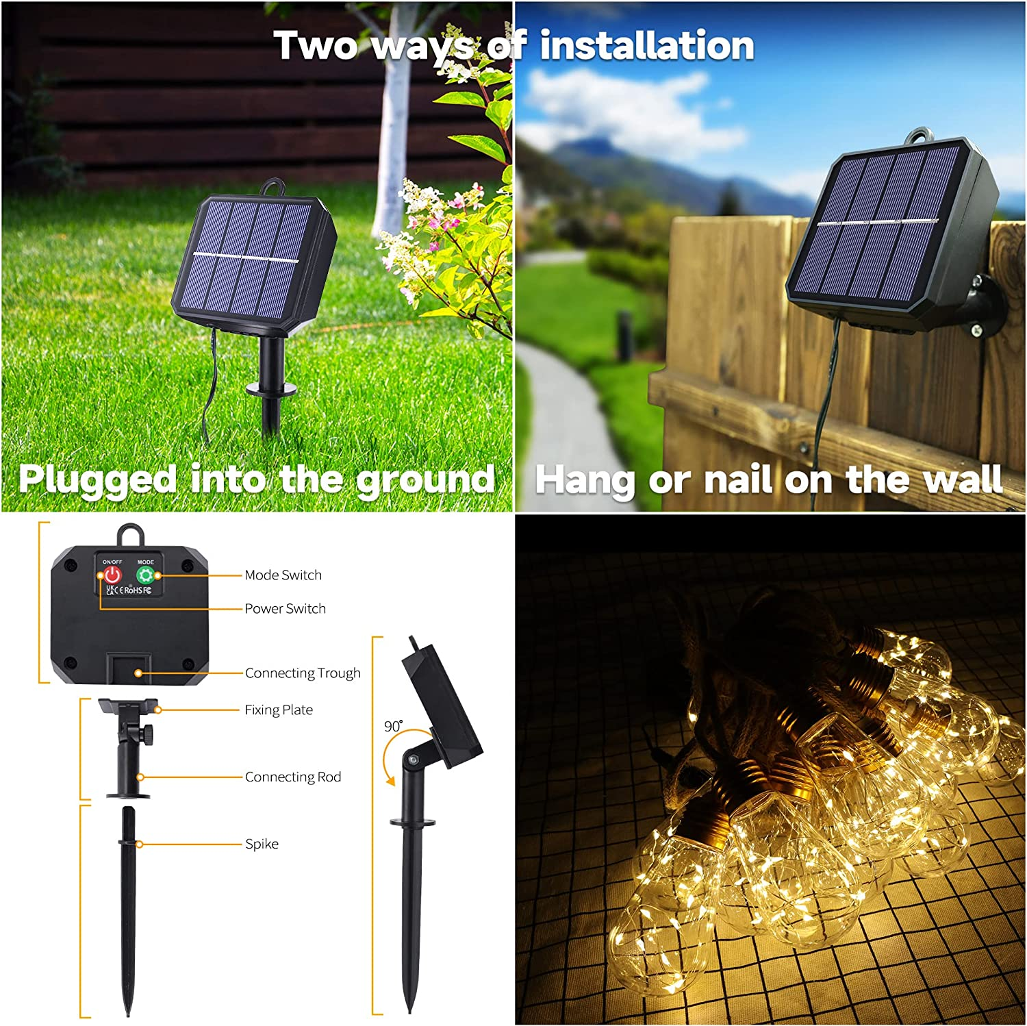 10M Solar String Lights Outdoor Vintage Rope Hemp Patio Bulb Lights for Christmas Garden Fence Balcony
