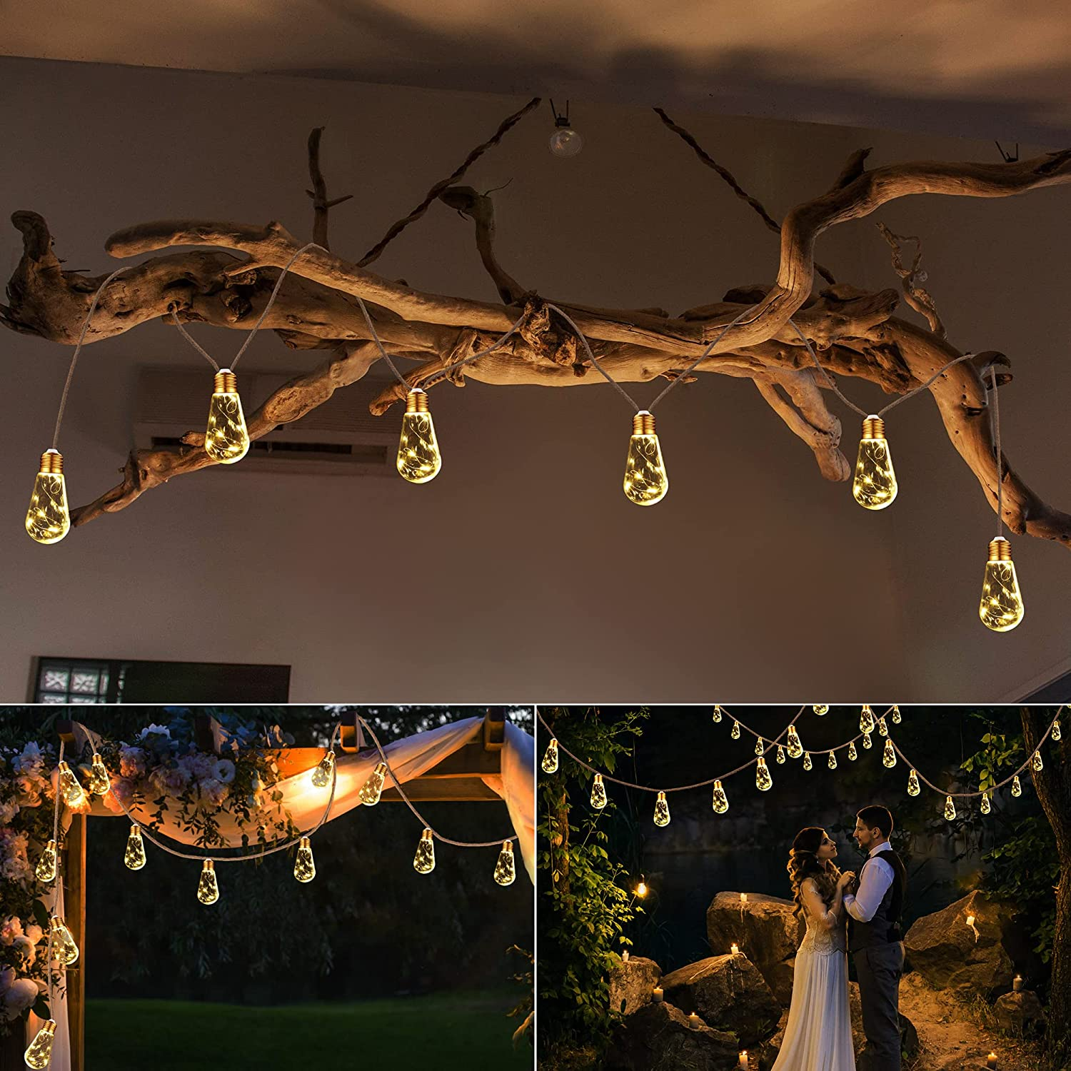 10M Solar String Lights Outdoor Vintage Rope Hemp Patio Bulb Lights for Christmas Garden Fence Balcony