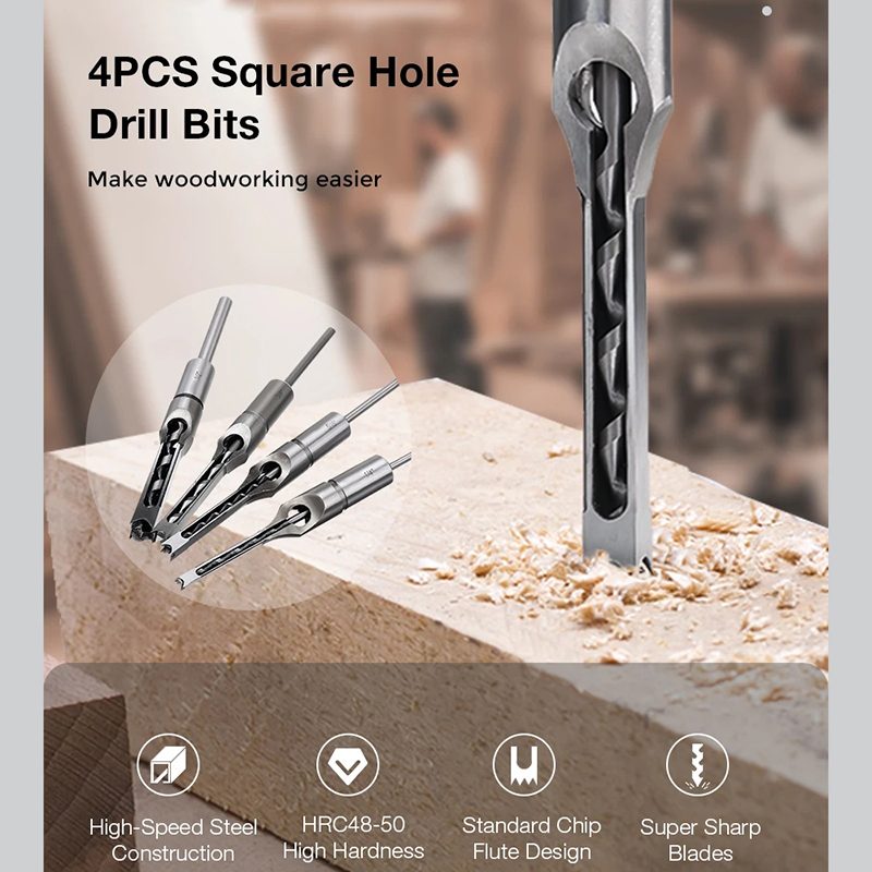 HSS Mortising Chisel Set 4PCS Square Hole Woodworking Drill Bits