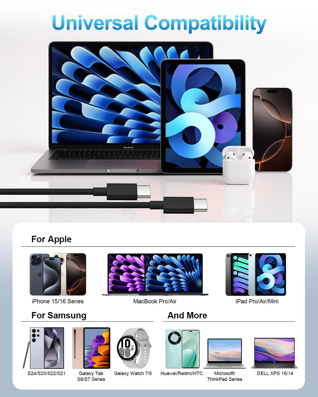 USB C To C Cable PD 60W 3A Fast Charging 2M