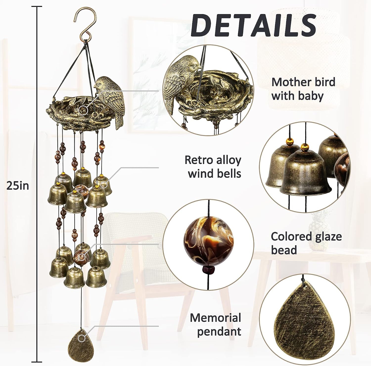1pc Wind Chime Antique Bronze Metal Outdoor Garden Decor (Bird Nest）