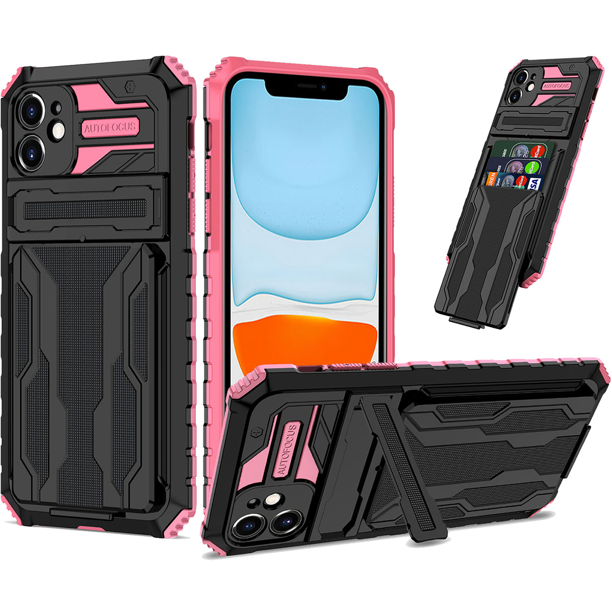 iPhone 11 Heavy Duty Kickstand Case Shockproof Card Holder PINK