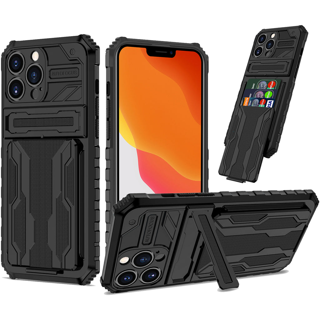 iPhone 13 Pro Max Heavy Duty Kickstand Case Shockproof Card Holder BLACK
