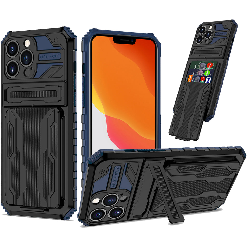 iPhone 13 Pro Heavy Duty Kickstand Case Shockproof Card Holder BLUE