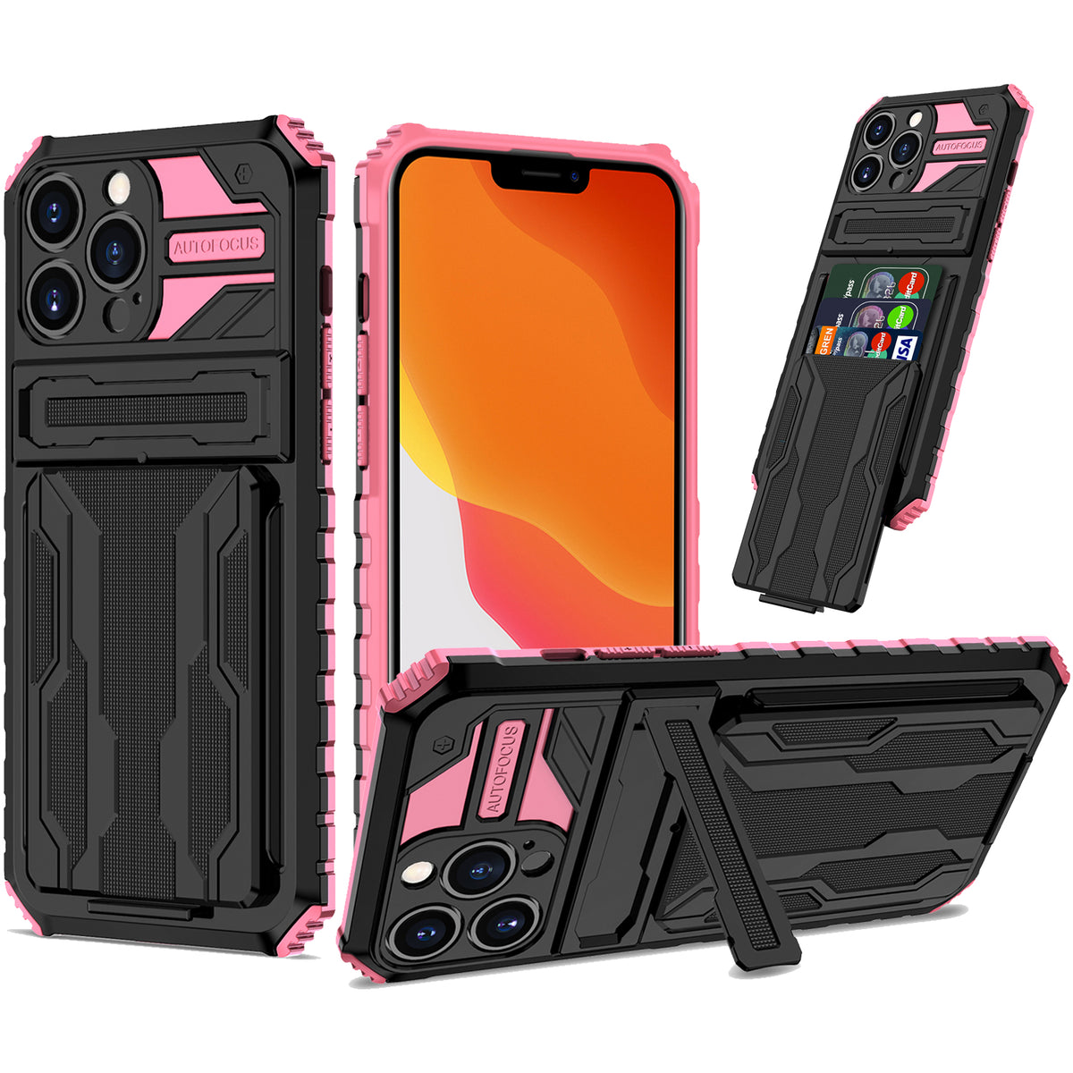 iPhone 13 Pro Heavy Duty Kickstand Case Shockproof Card Holder PINK