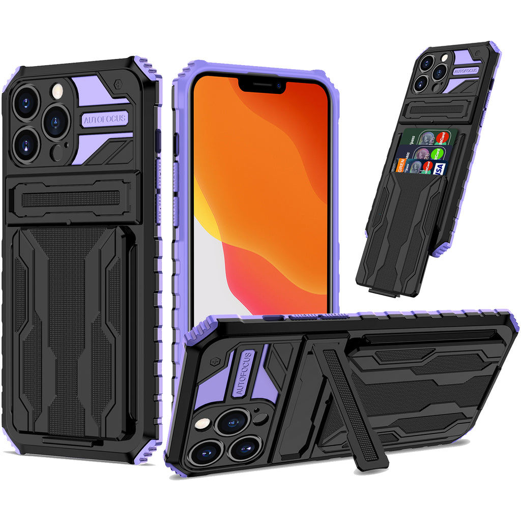 iPhone 13 Pro Heavy Duty Kickstand Case Shockproof Card Holder PURPLE