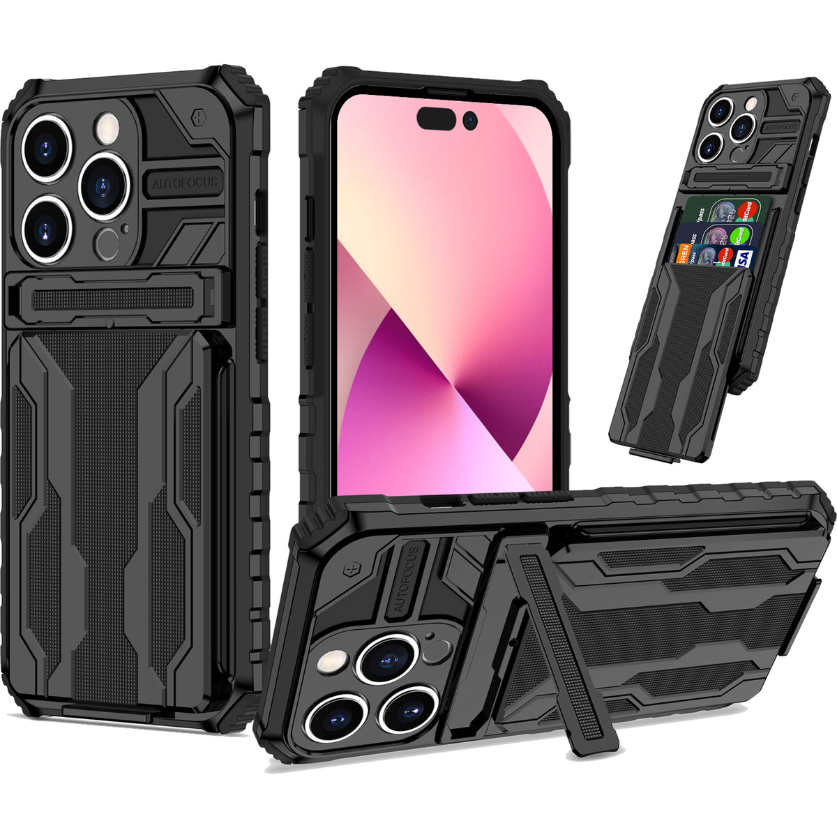 iPhone 14 Pro Heavy Duty Kickstand Case Shockproof Card Holder BLACK