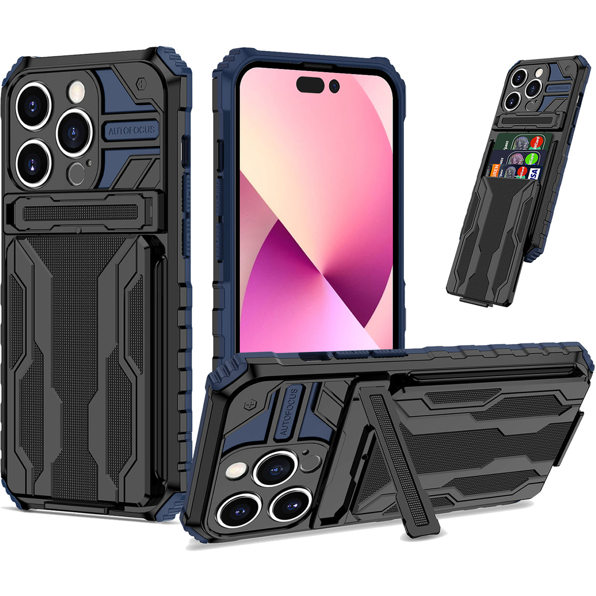 iPhone 14 Pro Heavy Duty Kickstand Case Shockproof Card Holder BLUE