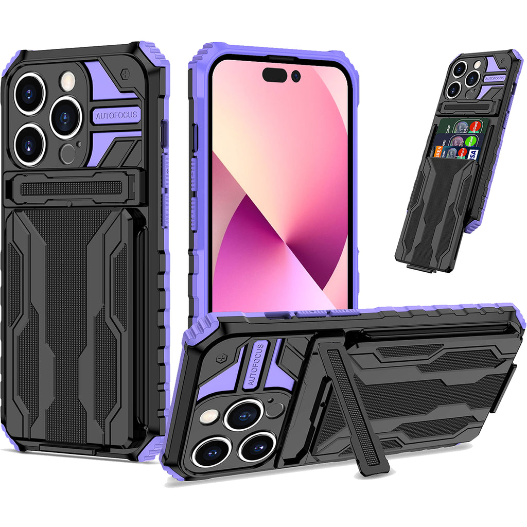 iPhone 14 Pro Heavy Duty Kickstand Case Shockproof Card Holder PURPLE