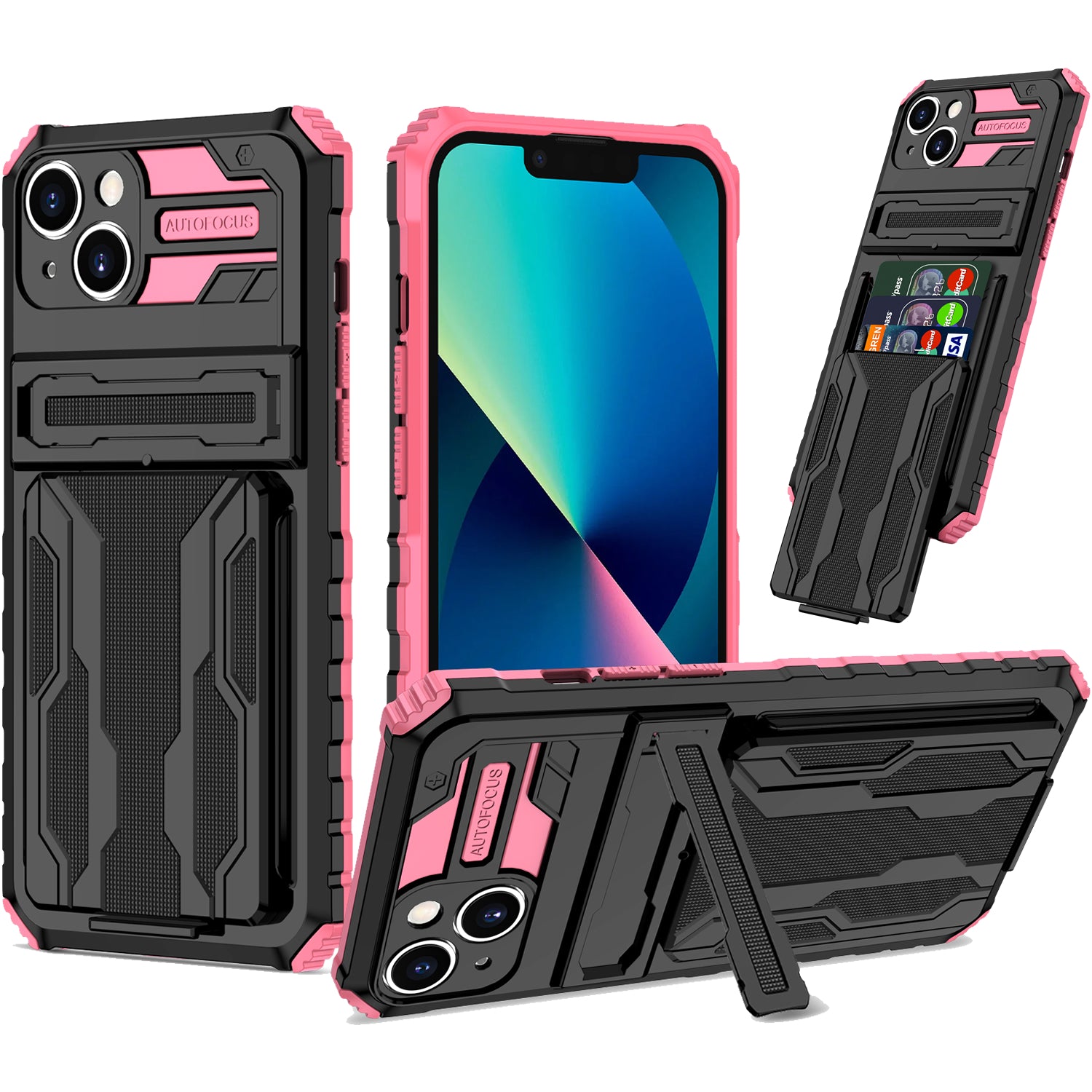iPhone 15 Heavy Duty Kickstand Case Shockproof Card Holder PINK