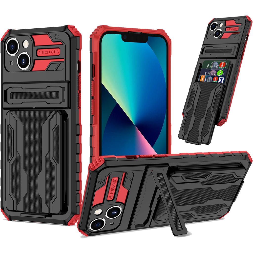 iPhone 15 Heavy Duty Kickstand Case Shockproof Card Holder RED
