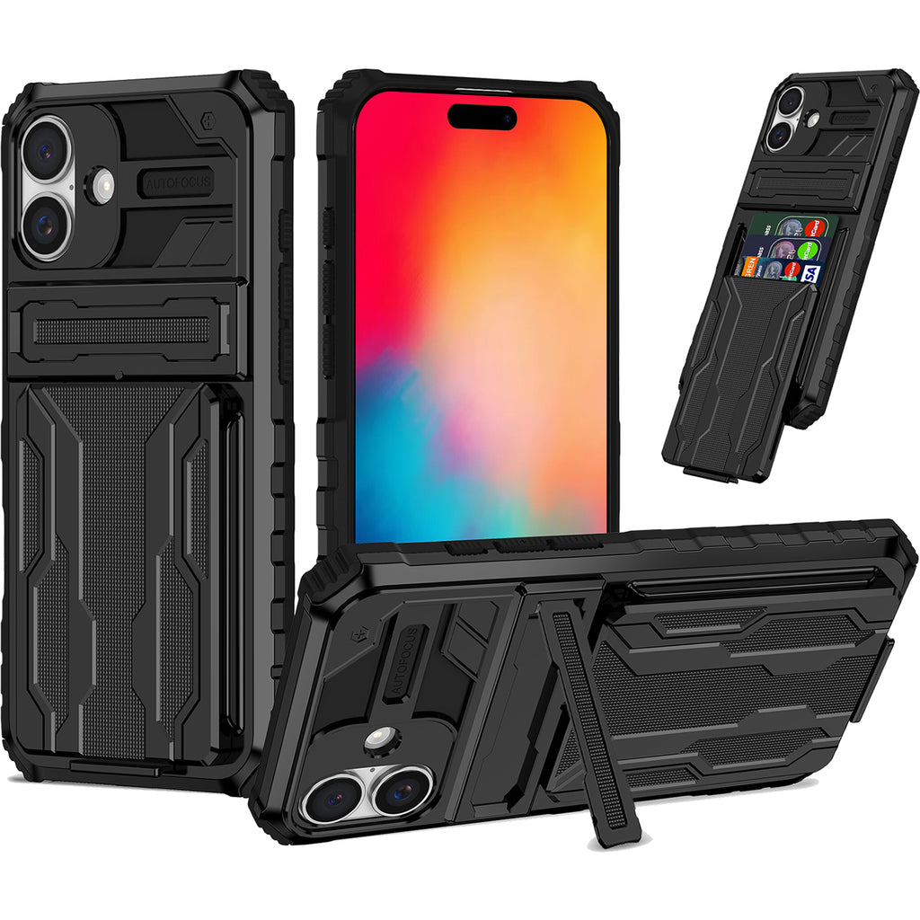 iPhone 16 Plus Heavy Duty Kickstand Case Shockproof Card Holder BLACK