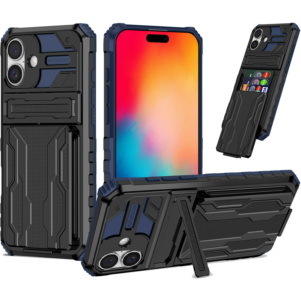 iPhone 16 Plus Heavy Duty Kickstand Case Shockproof Card Holder BLUE