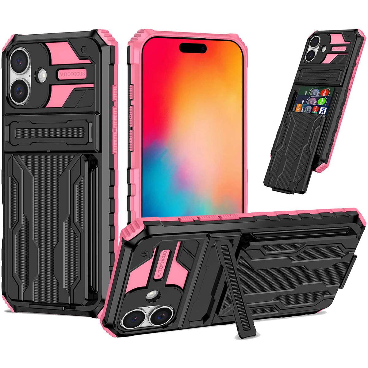 iPhone 16 Heavy Duty Kickstand Case Shockproof Card Holder PINK