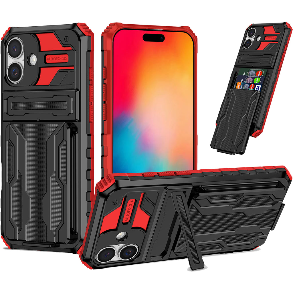 iPhone 16 Heavy Duty Kickstand Case Shockproof Card Holder RED