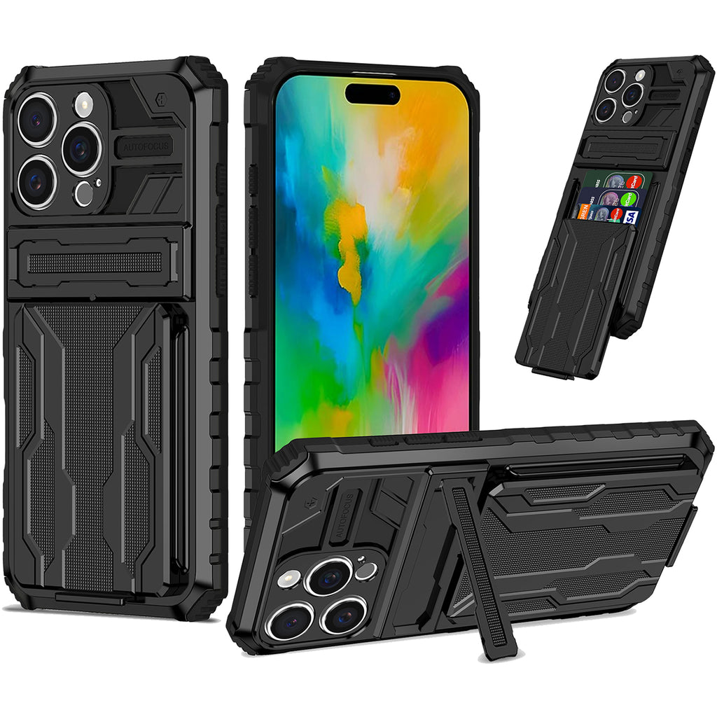 iPhone 16 Pro Heavy Duty Kickstand Case Shockproof Card Holder BLACK