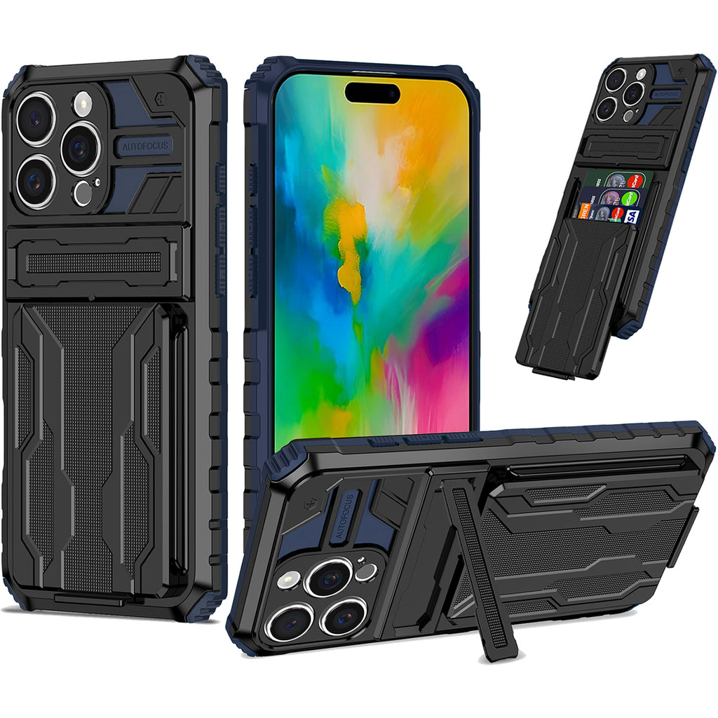 iPhone 16 Pro Heavy Duty Kickstand Case Shockproof Card Holder BLUE
