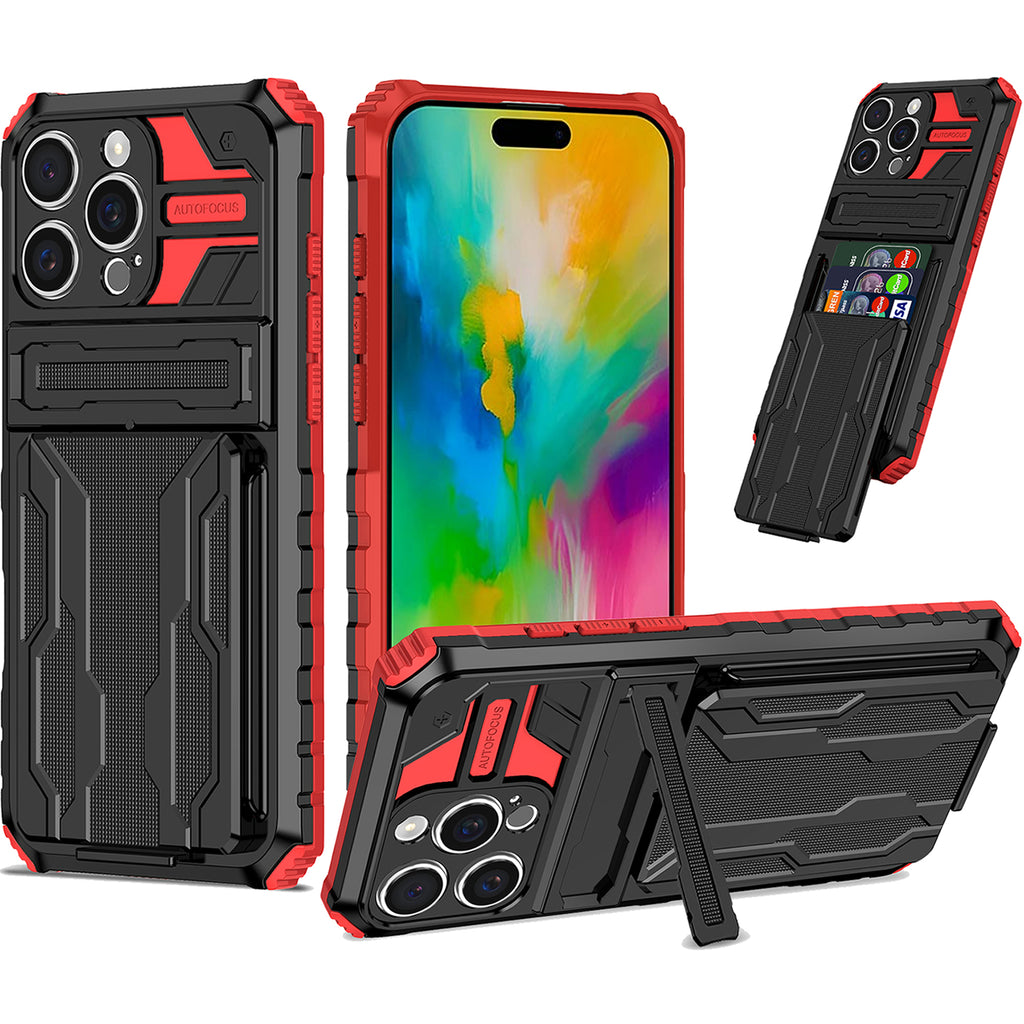 iPhone 16 Pro Heavy Duty Kickstand Case Shockproof Card Holder RED