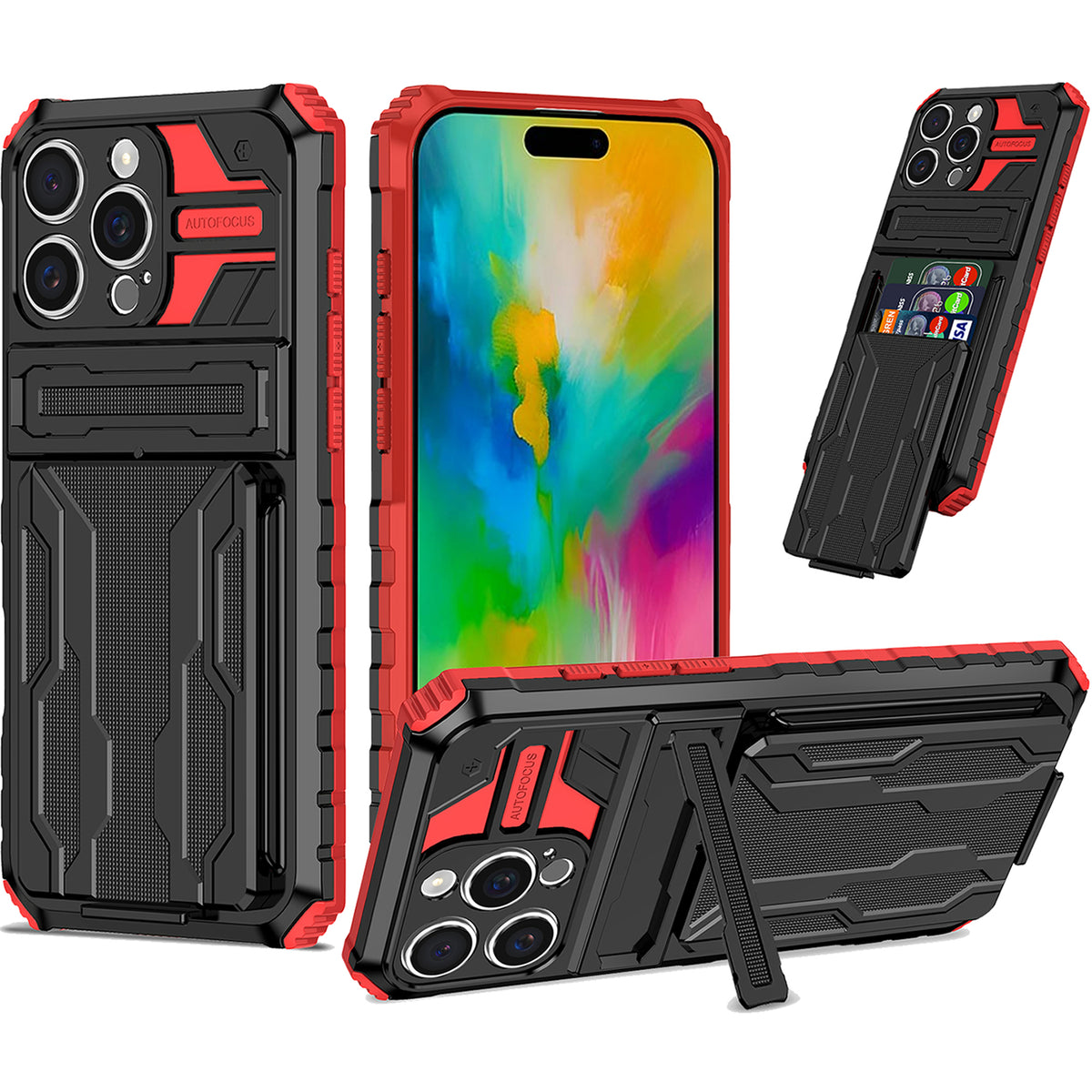 iPhone 16 Pro Heavy Duty Kickstand Case Shockproof Card Holder RED