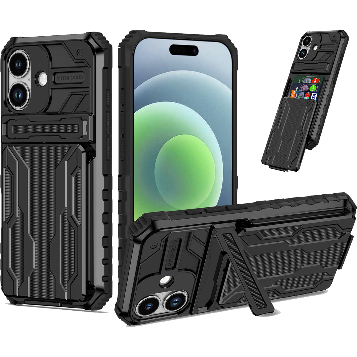 iPhone 17 Heavy Duty Kickstand Case Shockproof Card Holder BLACK
