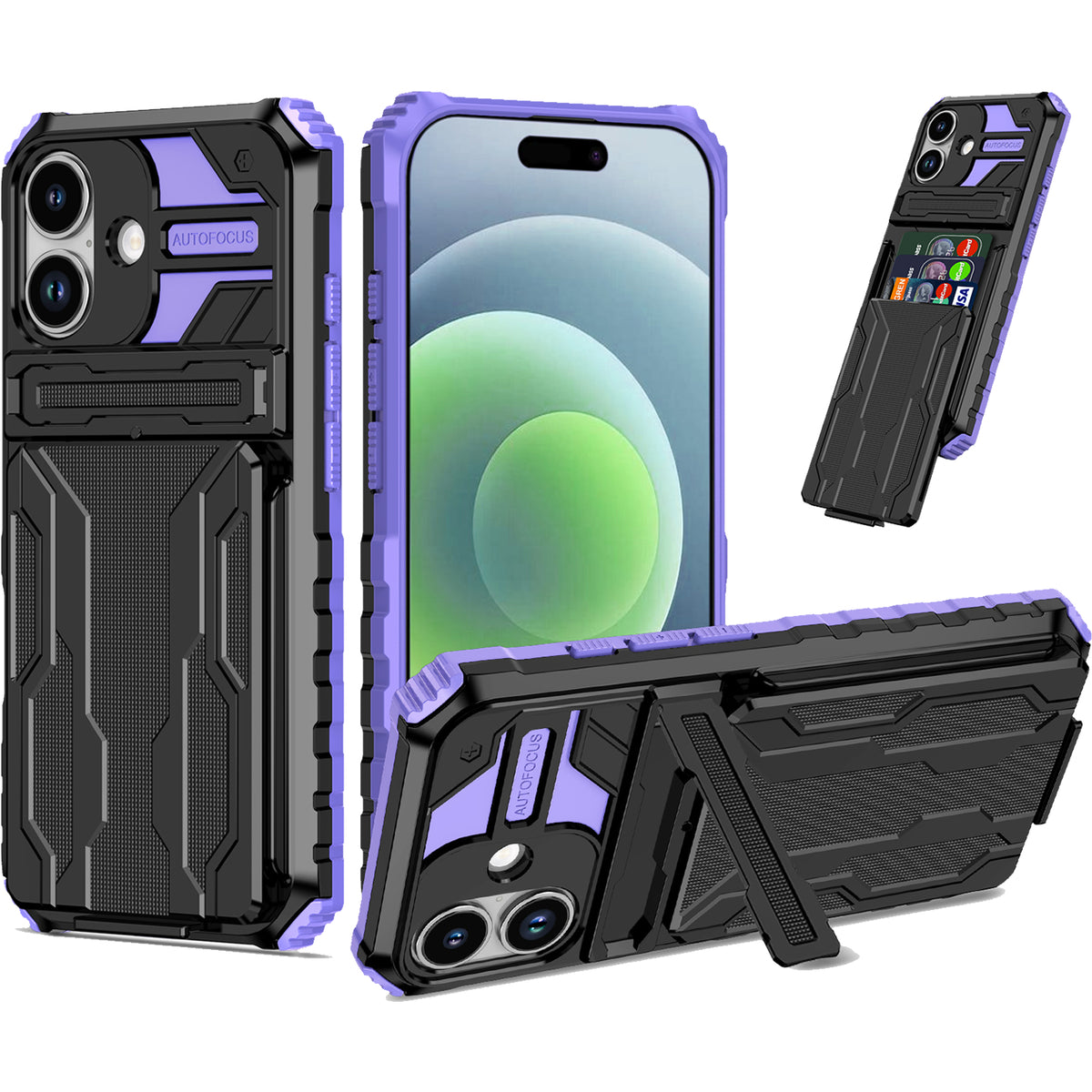 iPhone 17 Heavy Duty Kickstand Case Shockproof Card Holder PURPLE