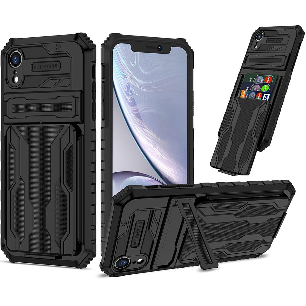 iPhone XR Heavy Duty Kickstand Case Shockproof Card Holder BLACK