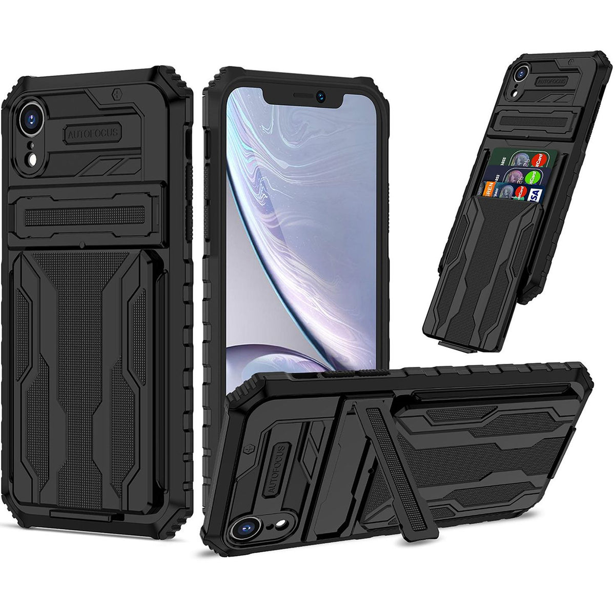 iPhone XR Heavy Duty Kickstand Case Shockproof Card Holder BLACK