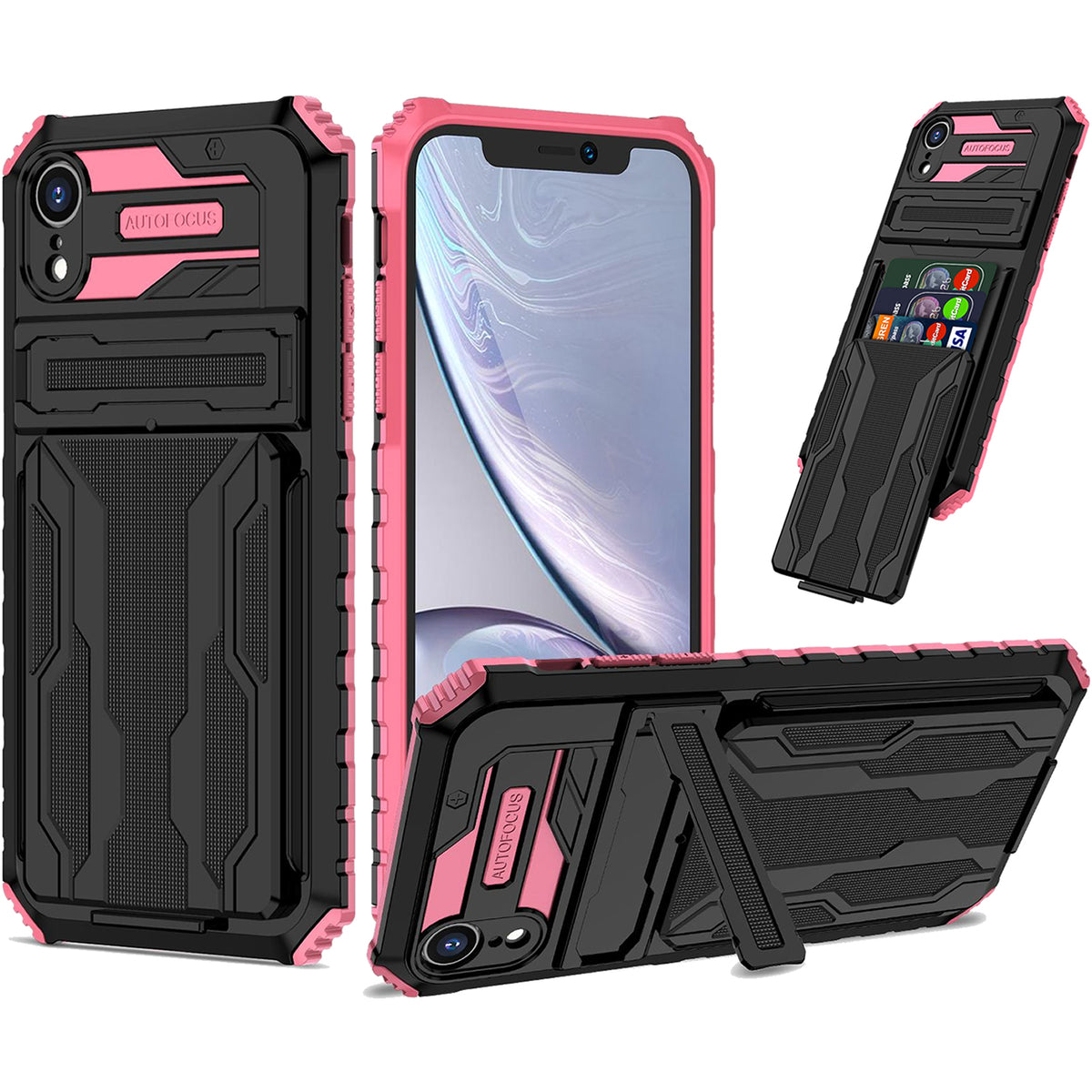 iPhone XR Heavy Duty Kickstand Case Shockproof Card Holder PINK