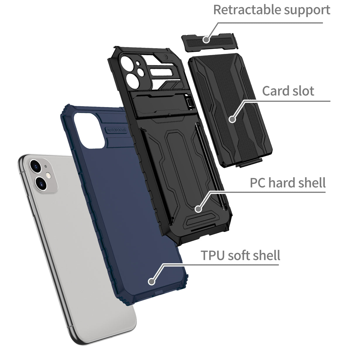 iPhone 11 Heavy Duty Kickstand Case Shockproof Card Holder BLUE