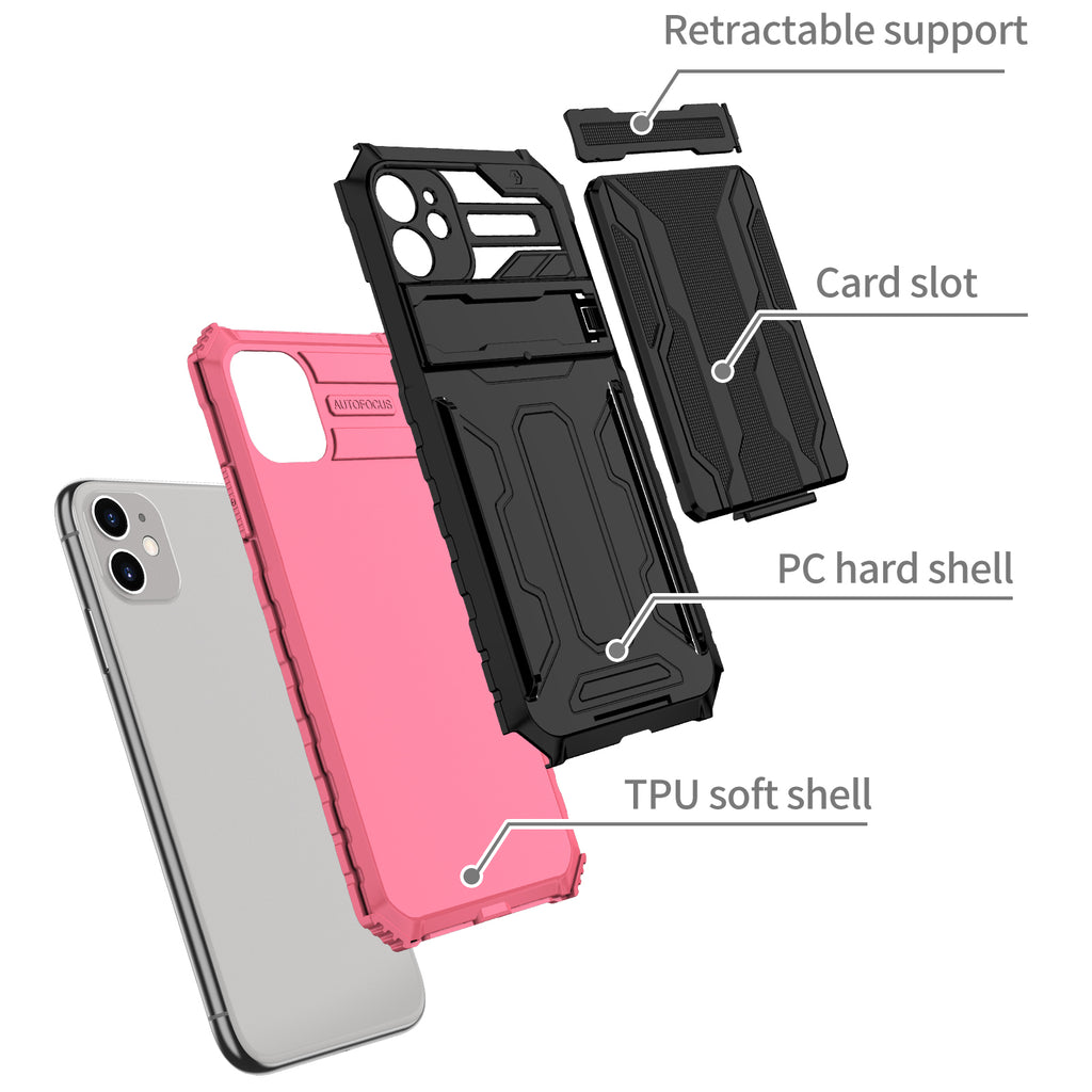 iPhone 11 Heavy Duty Kickstand Case Shockproof Card Holder PINK