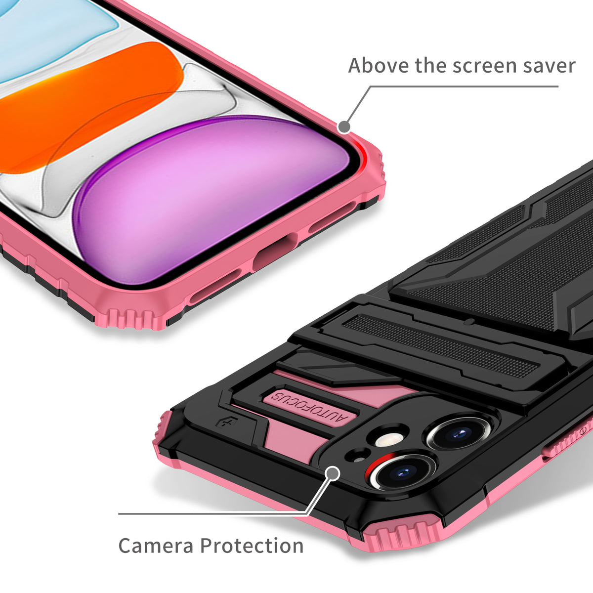iPhone 11 Heavy Duty Kickstand Case Shockproof Card Holder PINK