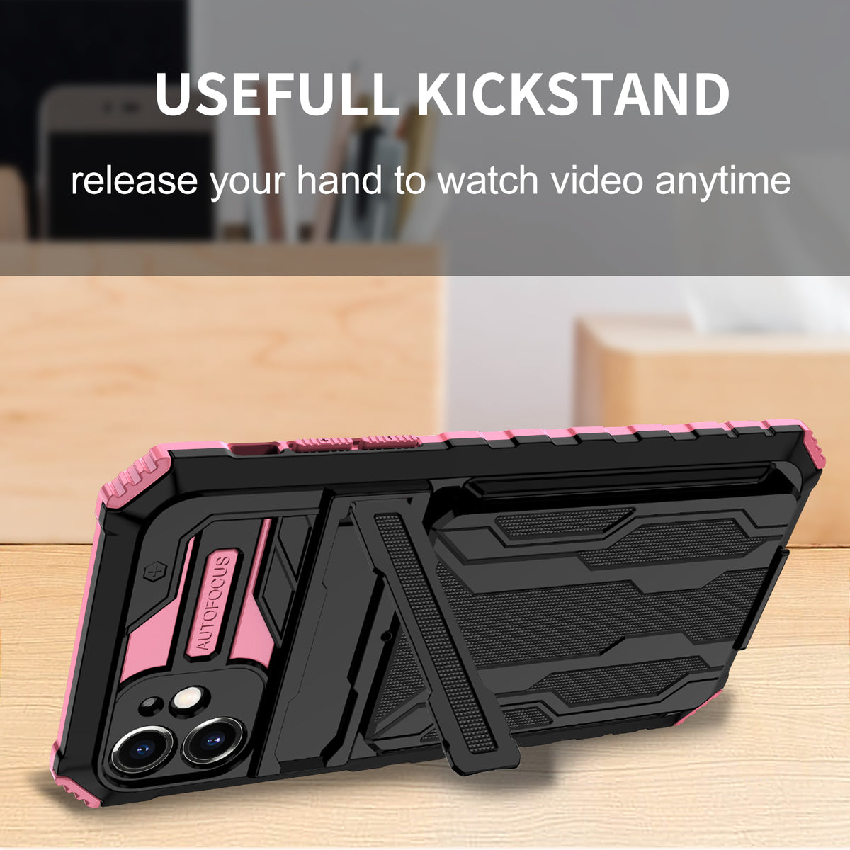 iPhone 11 Heavy Duty Kickstand Case Shockproof Card Holder PINK