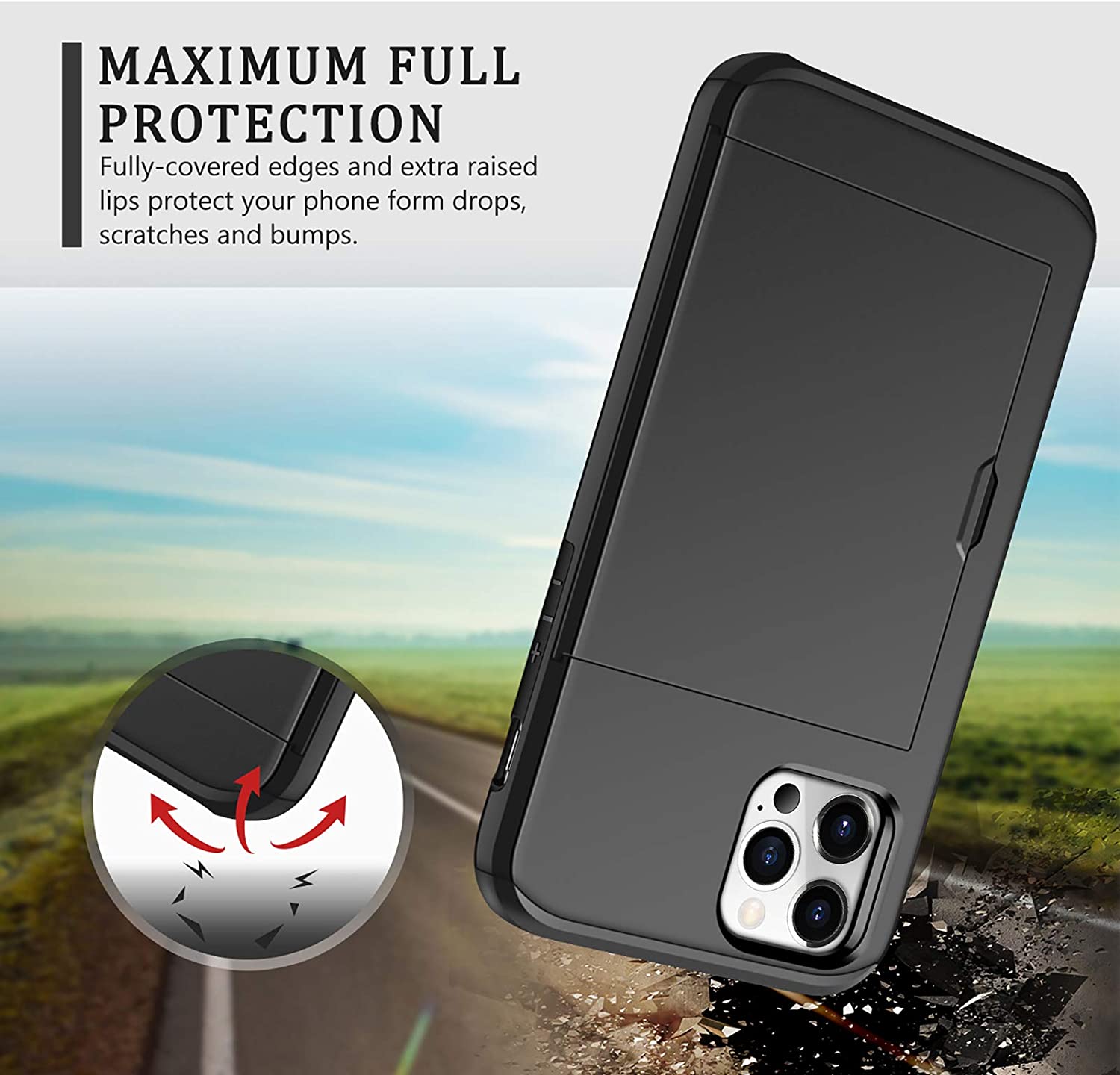 iPhone 12 Pro Shockproof Wallet Case Card Cover BLACK