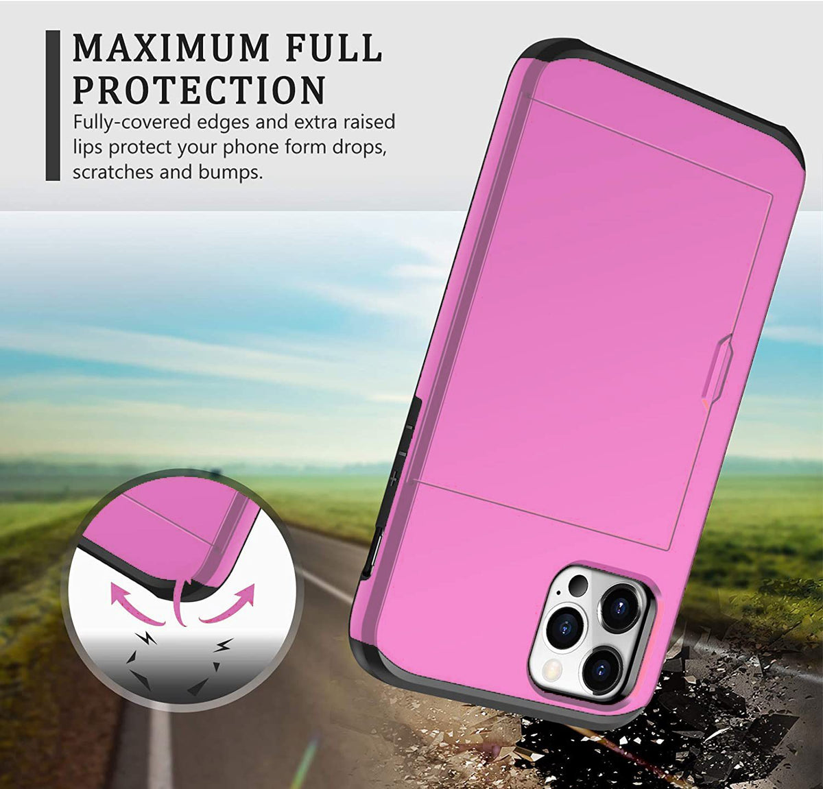 iPhone 12 Pro Shockproof Wallet Case Card Cover HOT PINK