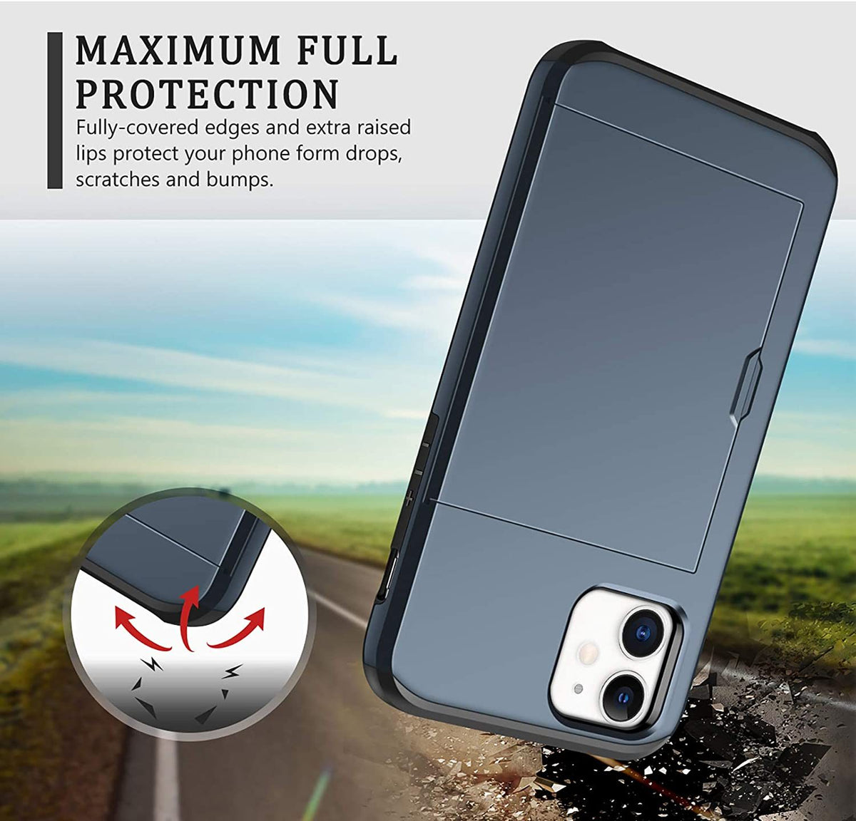 iPhone 12 Shockproof Wallet Case Card Cover BLUE
