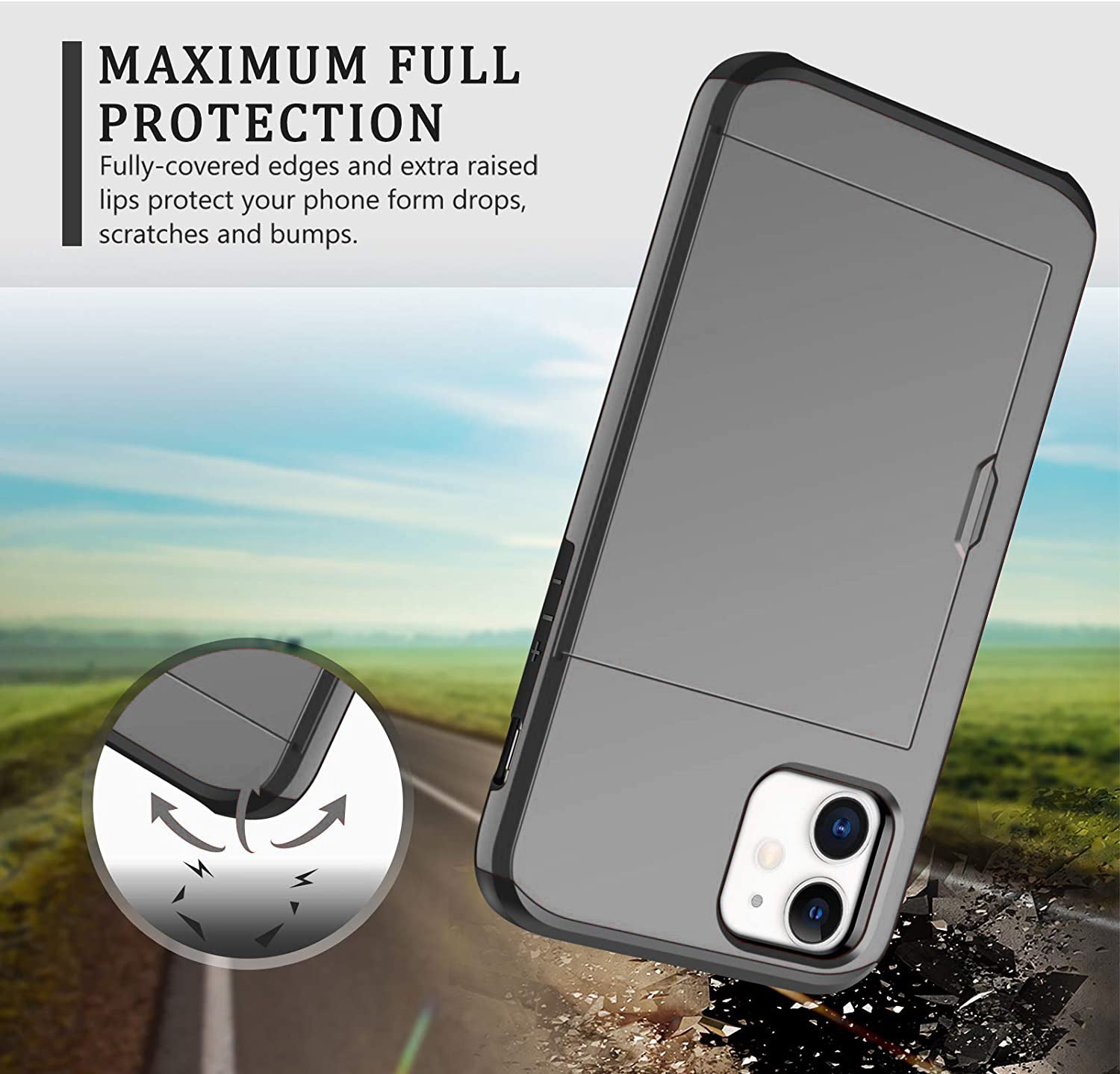 iPhone 11 Shockproof Wallet Case Card Cover GREY