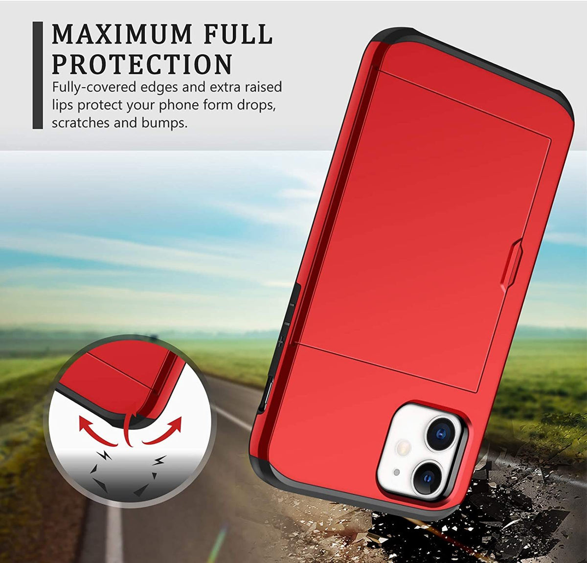 iPhone 12 Shockproof Wallet Case Card Cover RED