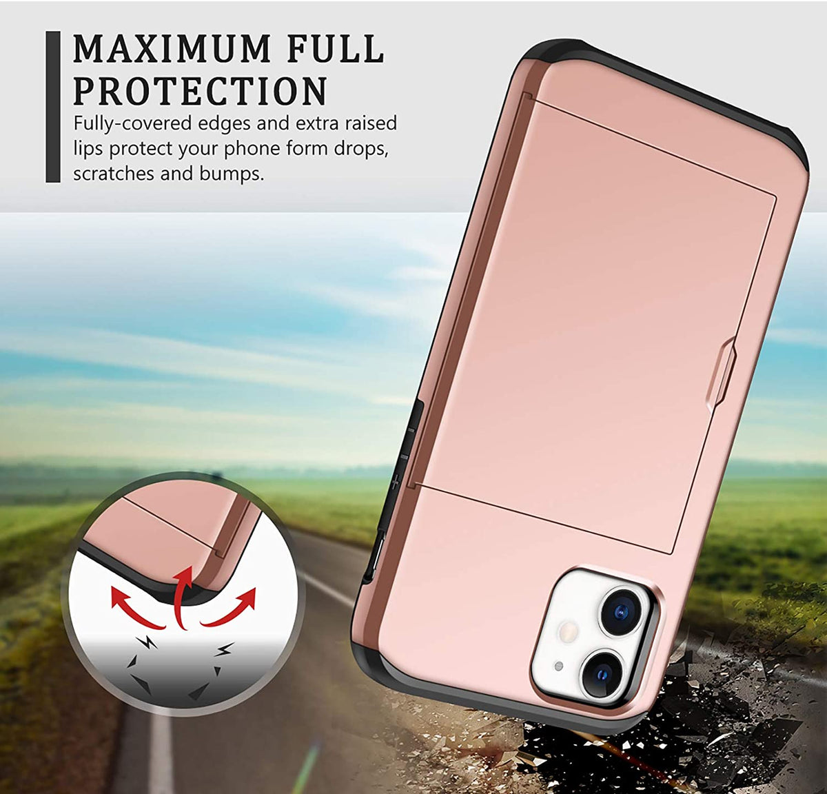 iPhone 12 Shockproof Wallet Case Card Cover PINK