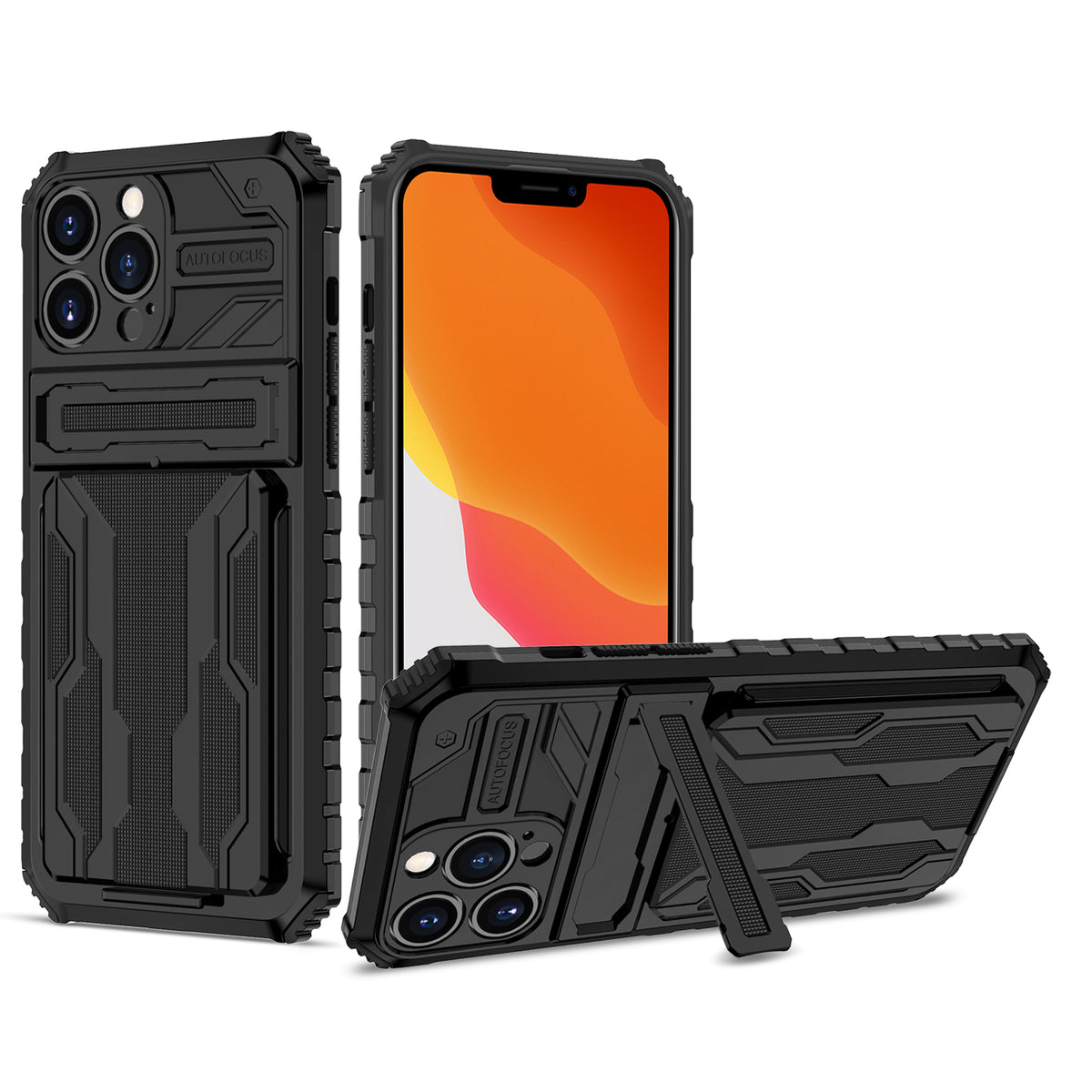 iPhone 13 Pro Max Heavy Duty Kickstand Case Shockproof Card Holder BLACK
