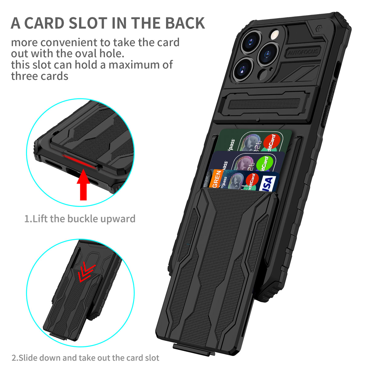 iPhone 13 Pro Max Heavy Duty Kickstand Case Shockproof Card Holder BLACK