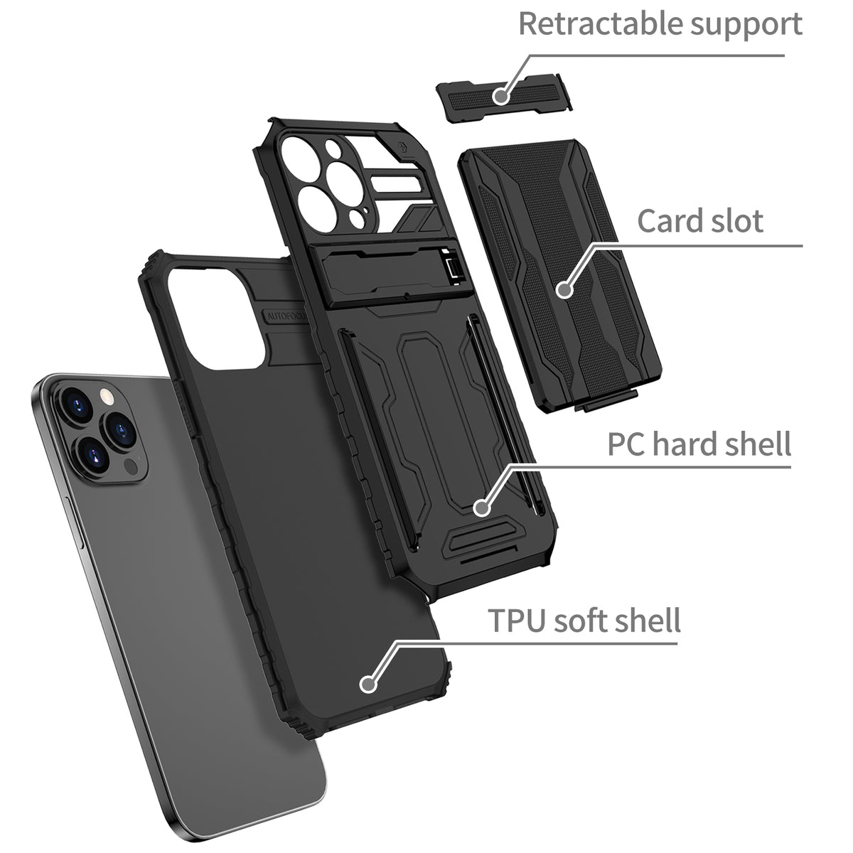 iPhone 13 Pro Max Heavy Duty Kickstand Case Shockproof Card Holder BLACK