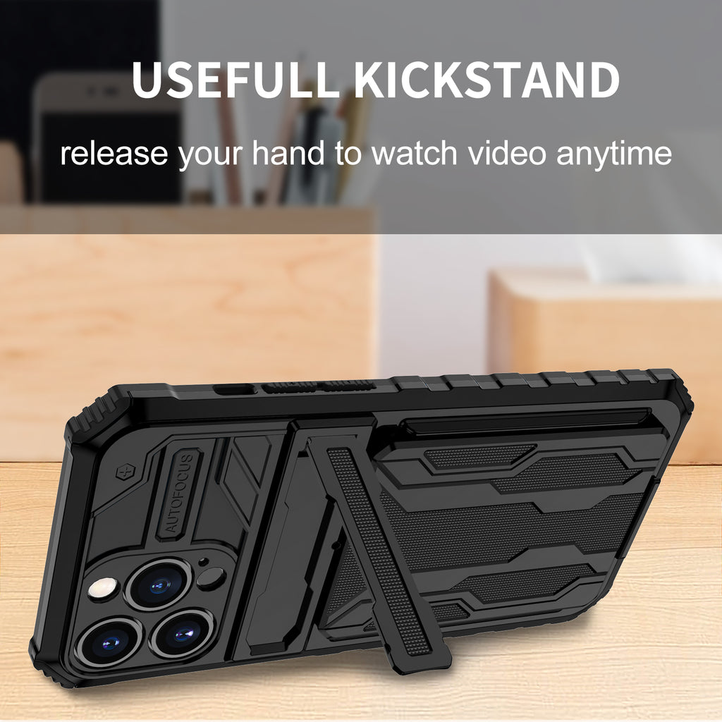 iPhone 13 Pro Max Heavy Duty Kickstand Case Shockproof Card Holder BLACK