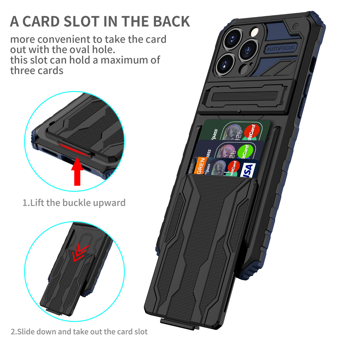 iPhone 13 Pro Heavy Duty Kickstand Case Shockproof Card Holder BLUE