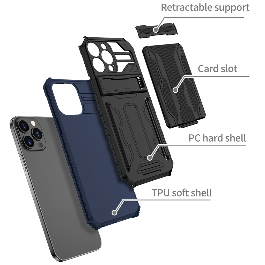 iPhone 13 Pro Heavy Duty Kickstand Case Shockproof Card Holder BLUE