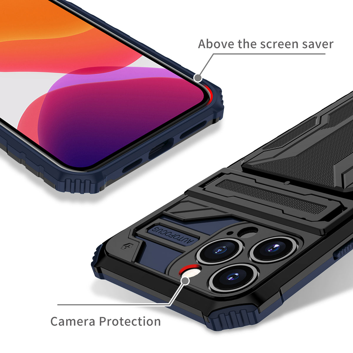 iPhone 13 Pro Heavy Duty Kickstand Case Shockproof Card Holder BLUE